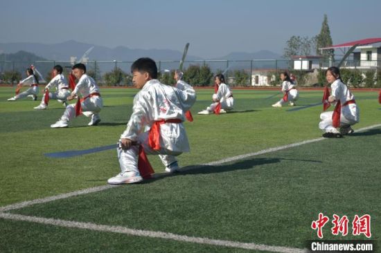 图为宜春市袁州区南庙中学学生正在练习双刀。巫发阳 摄
